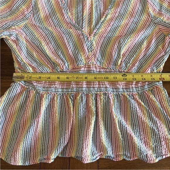 J Crew Womens V Neck Peplum Shirt In Rainbow Seersucker Size 14 - Picture 7 of 14